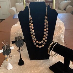 Chicos set of tan/taupe/brown stone necklace, 2 earrings sets, bangles LC333